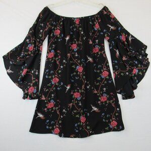 Wishful Top Women's Size S Black Floral Bird Bell Sleeve Off Shoulder